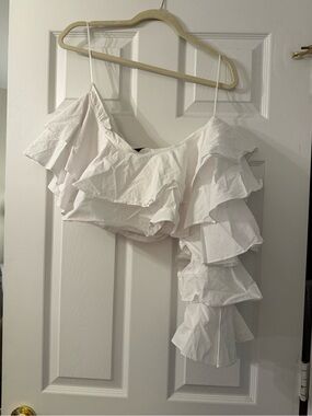 Style Mafia White One-Shoulder Ruffle Crop Top
